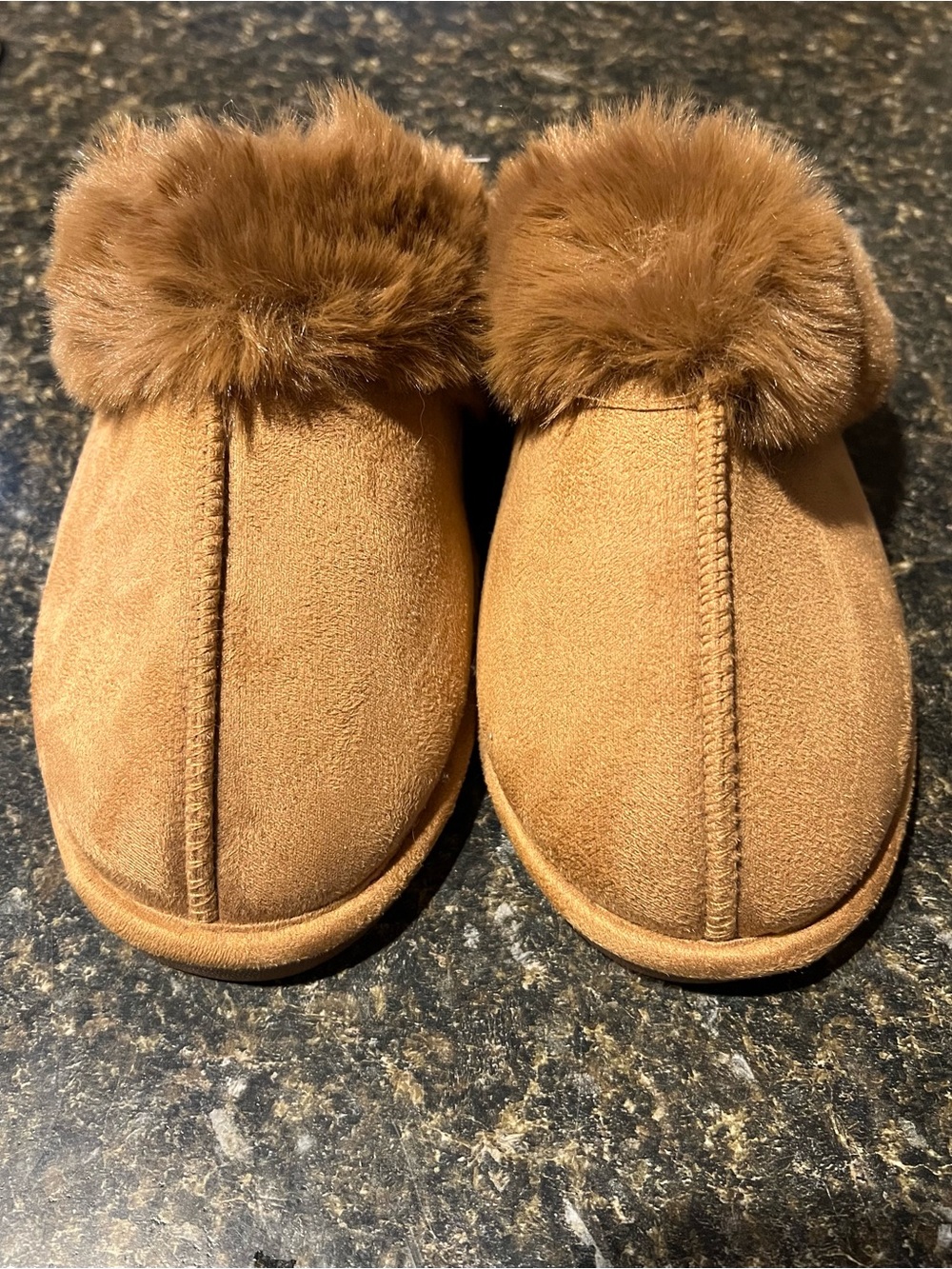 Nine West Chestnut Faux Suede Fur-Trim Slip-Ons Slippers